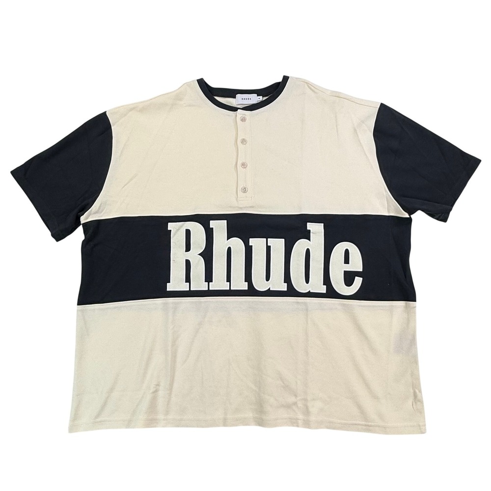 Rhude Court Henley T-Shirt Mens XXL Cream Black SS22 Colorblock Streetwear Logo